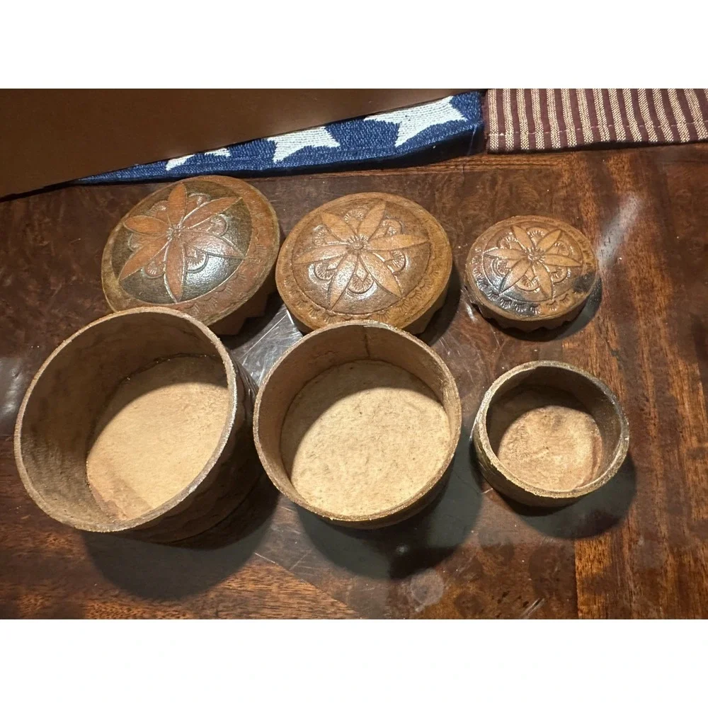 Vintage leather boxes Jewelry Nesting Round symbols Flower storage tooled
